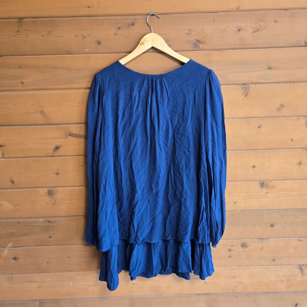 Free People Dress Mini Beck Navy Blue Balloon Sleeve M Boho Keyhole Tiered Boho - Picture 4 of 5